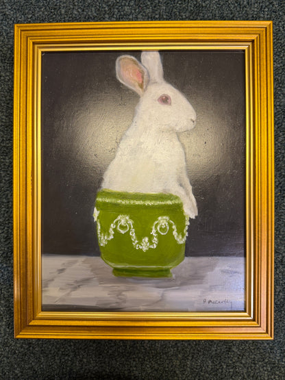 White Rabbit in Jadeite Bowl, Original Oil Painting by Pat McCarthy