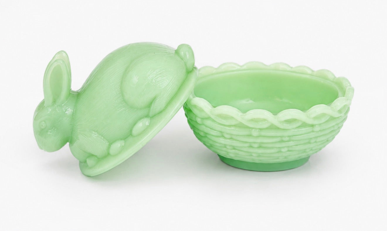 Vintage Jadeite Milk Glass Bunny Covered Dish, Rabbit Candy Box or Trinket Box