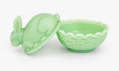 Vintage Jadeite Milk Glass Bunny Covered Dish, Rabbit Candy Box or Trinket Box