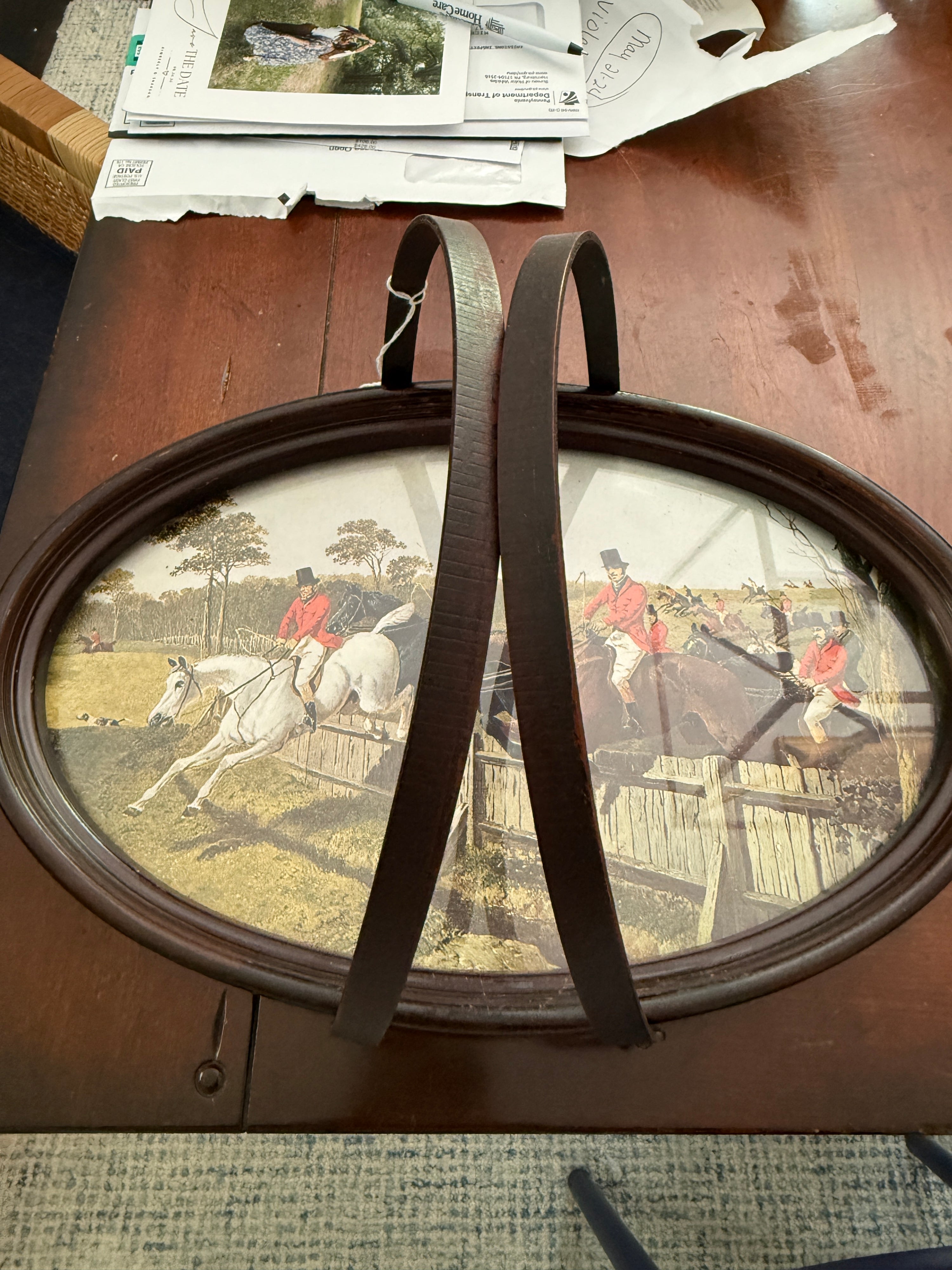 Vintage Fox Hunting Steeplechase Print, Oval Wood Frame