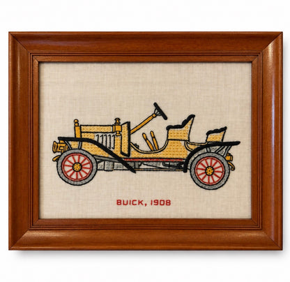 Vintage 1908 Buick &amp; 1909 Red Runabout Embroidered Textile Art, Pair