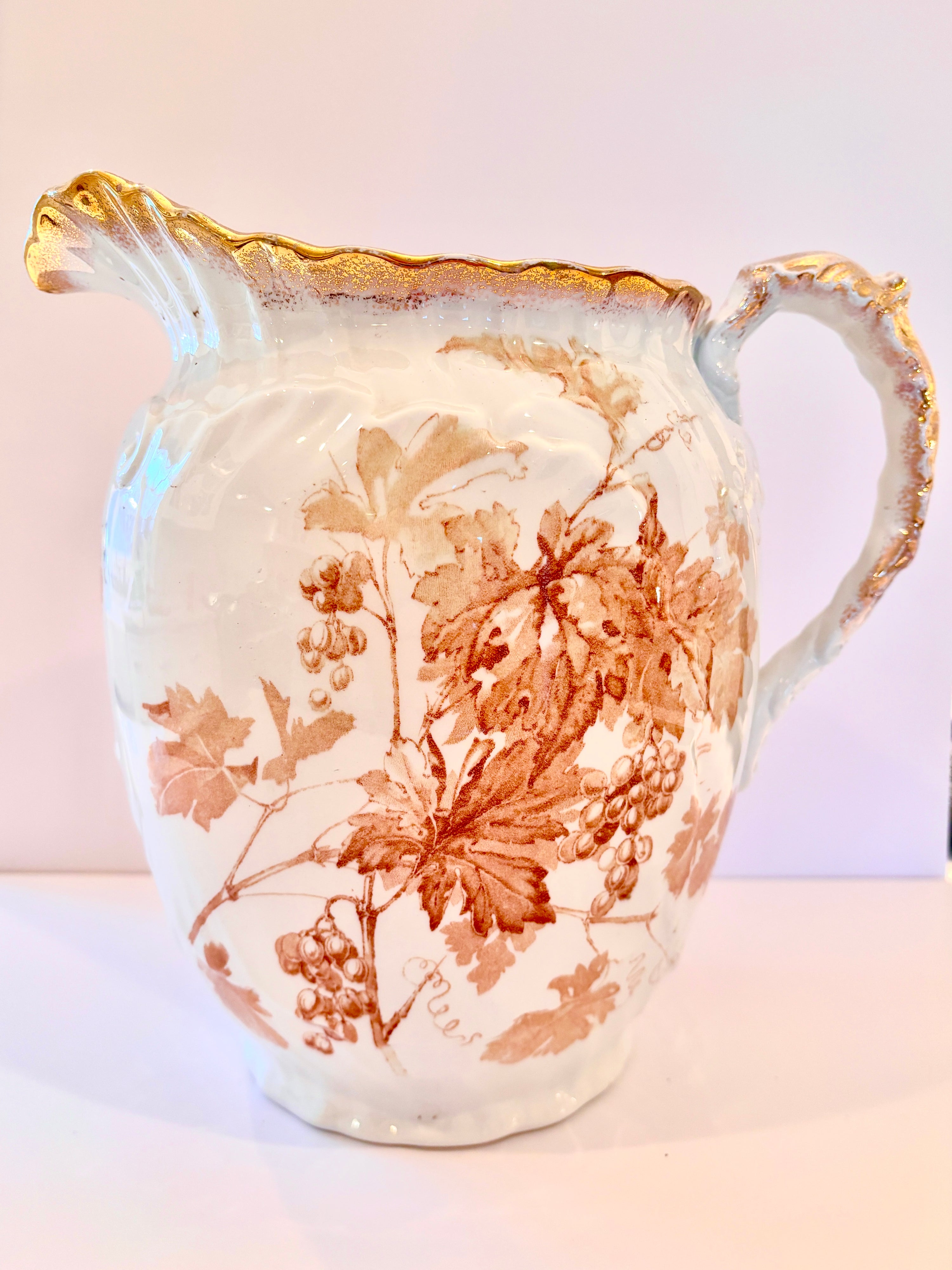 Ridgways England porcelain pitcher with muscatel grapevines in sepia and gold trim