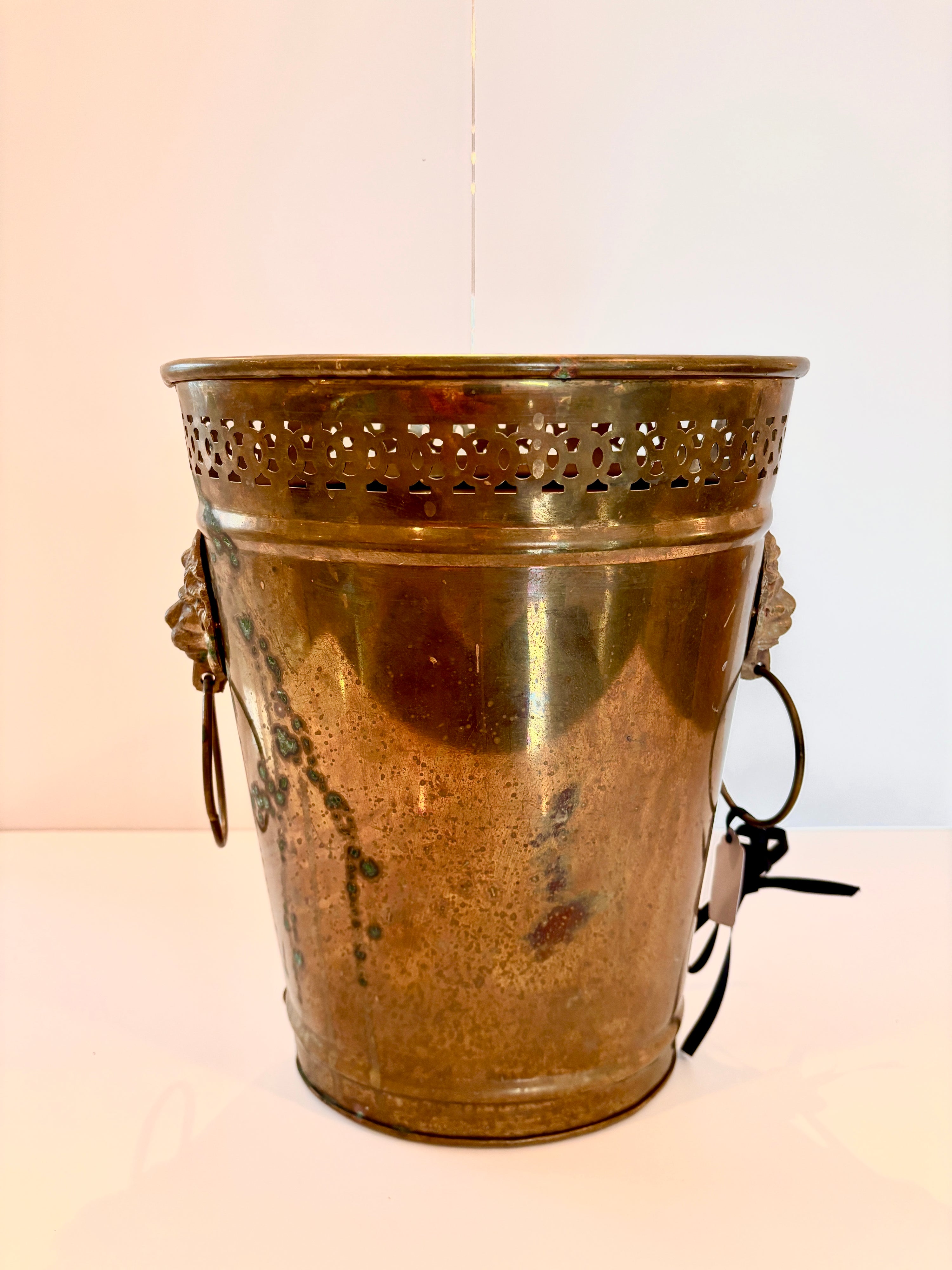 Vintage solid brass waste basket with pierced detail and lion&