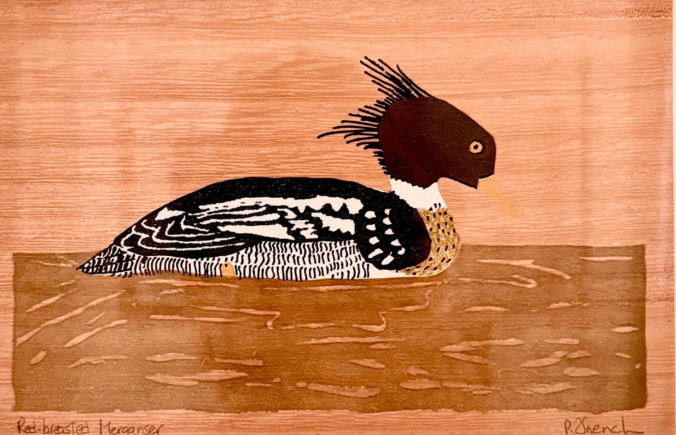 Vintage signed picture of a merganser duck in earthy tones