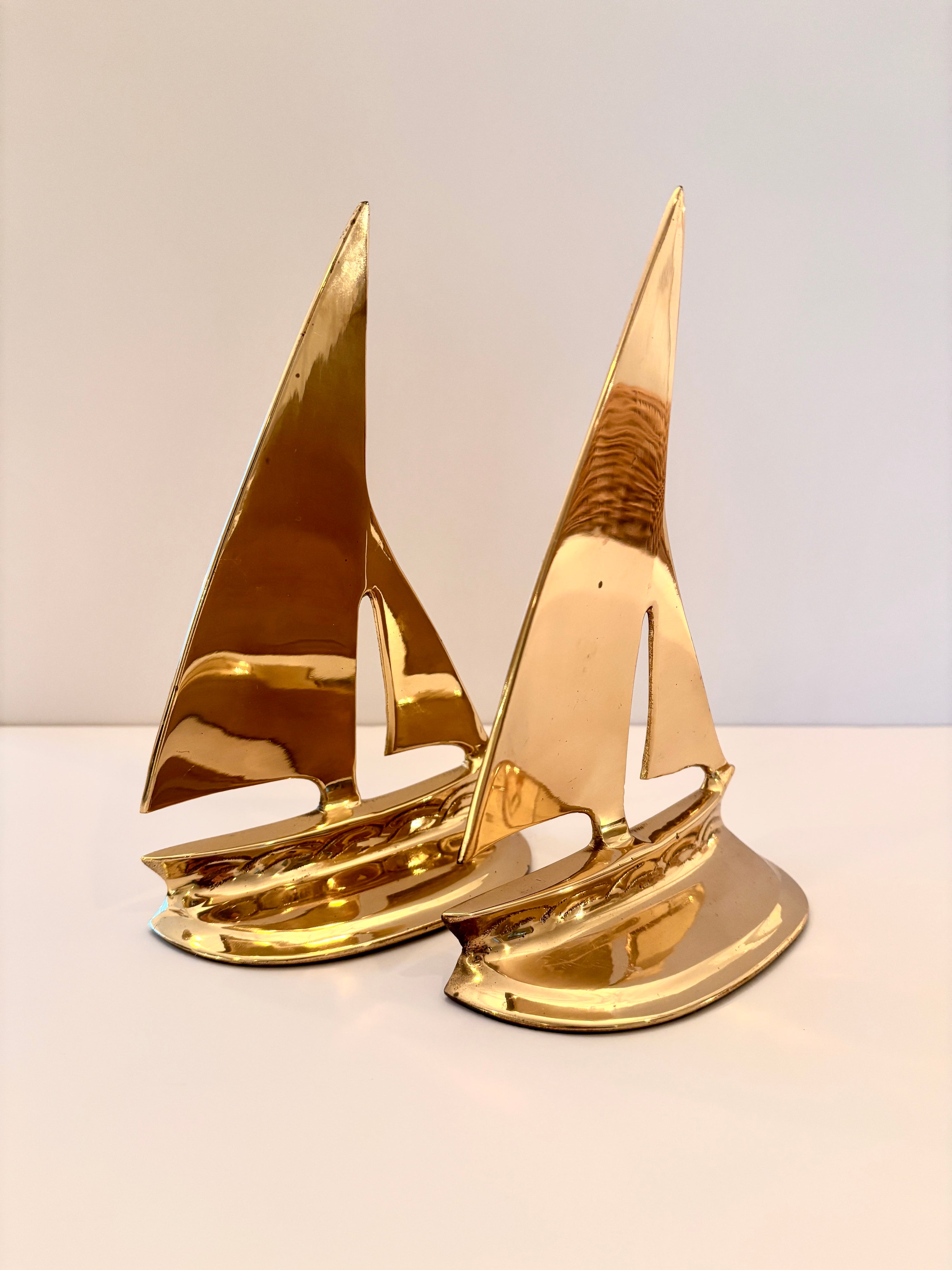 Pair of vintage solid brass sailboat bookends, 7.5 inches