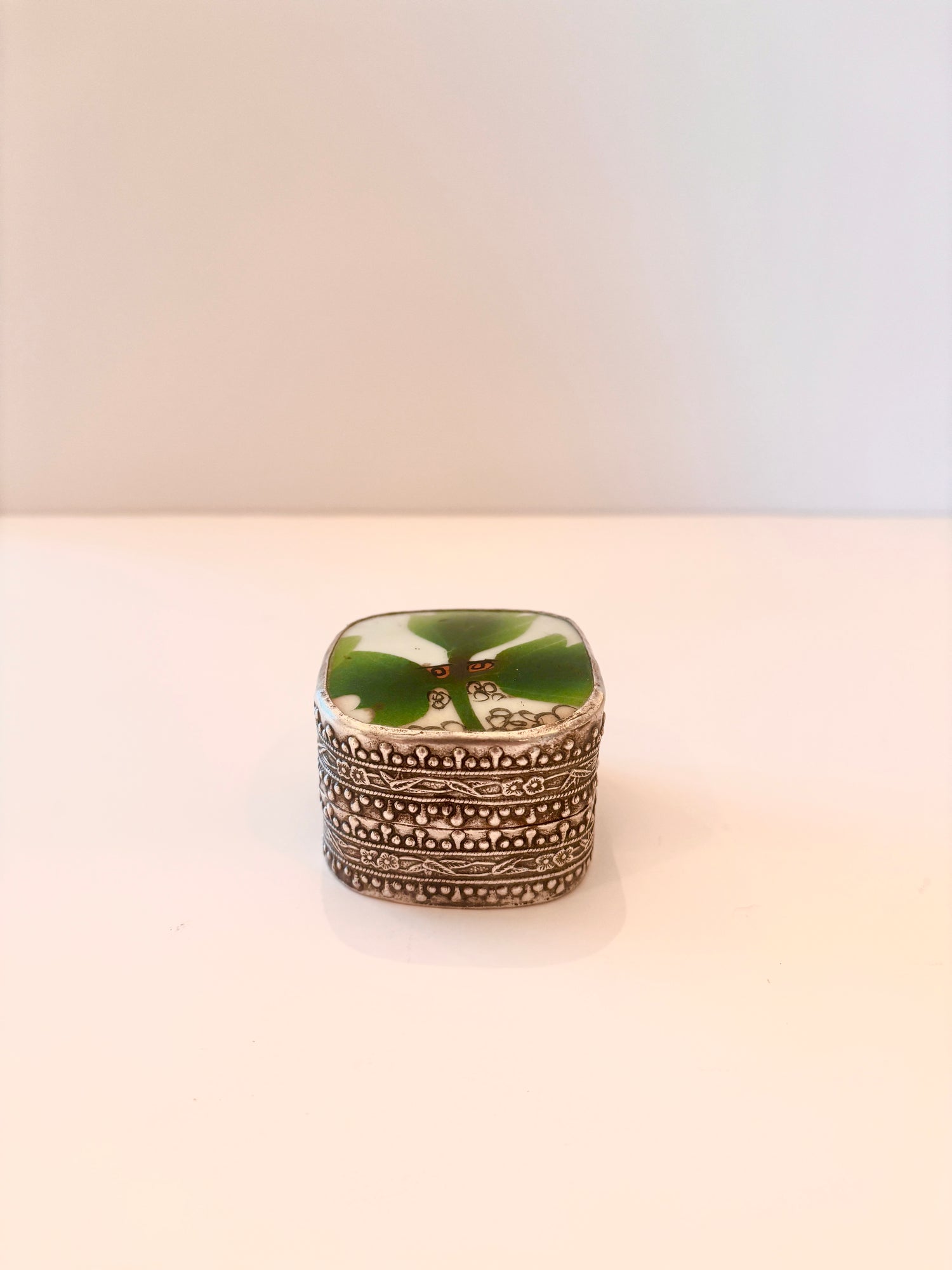 Green Leaf Silver Plated Enamel Box