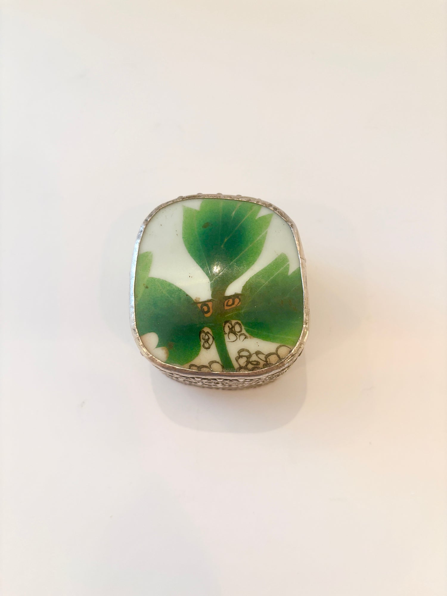 Green Leaf Silver Plated Enamel Box