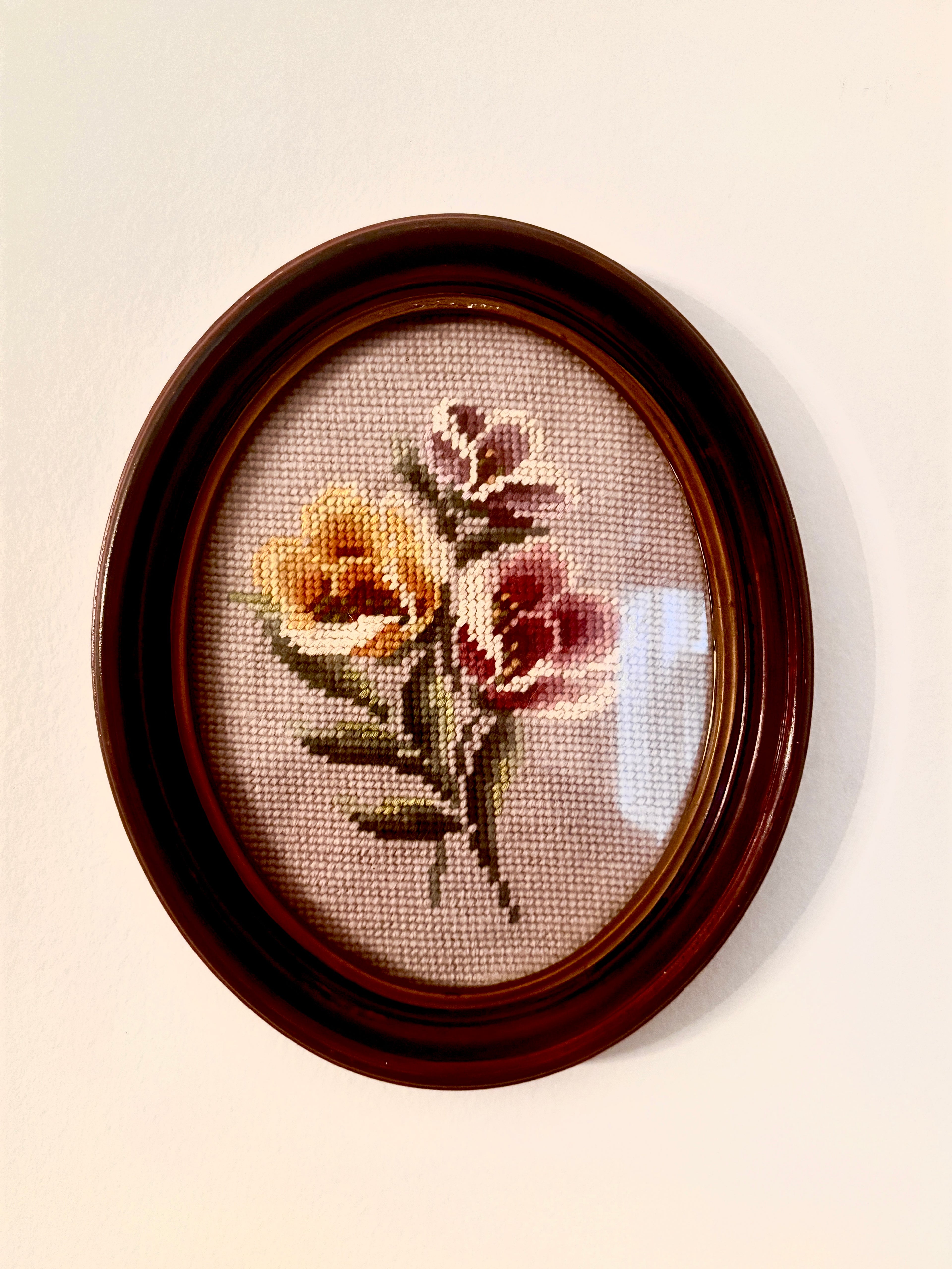 Vintage Oval Framed Flower Needlepoint