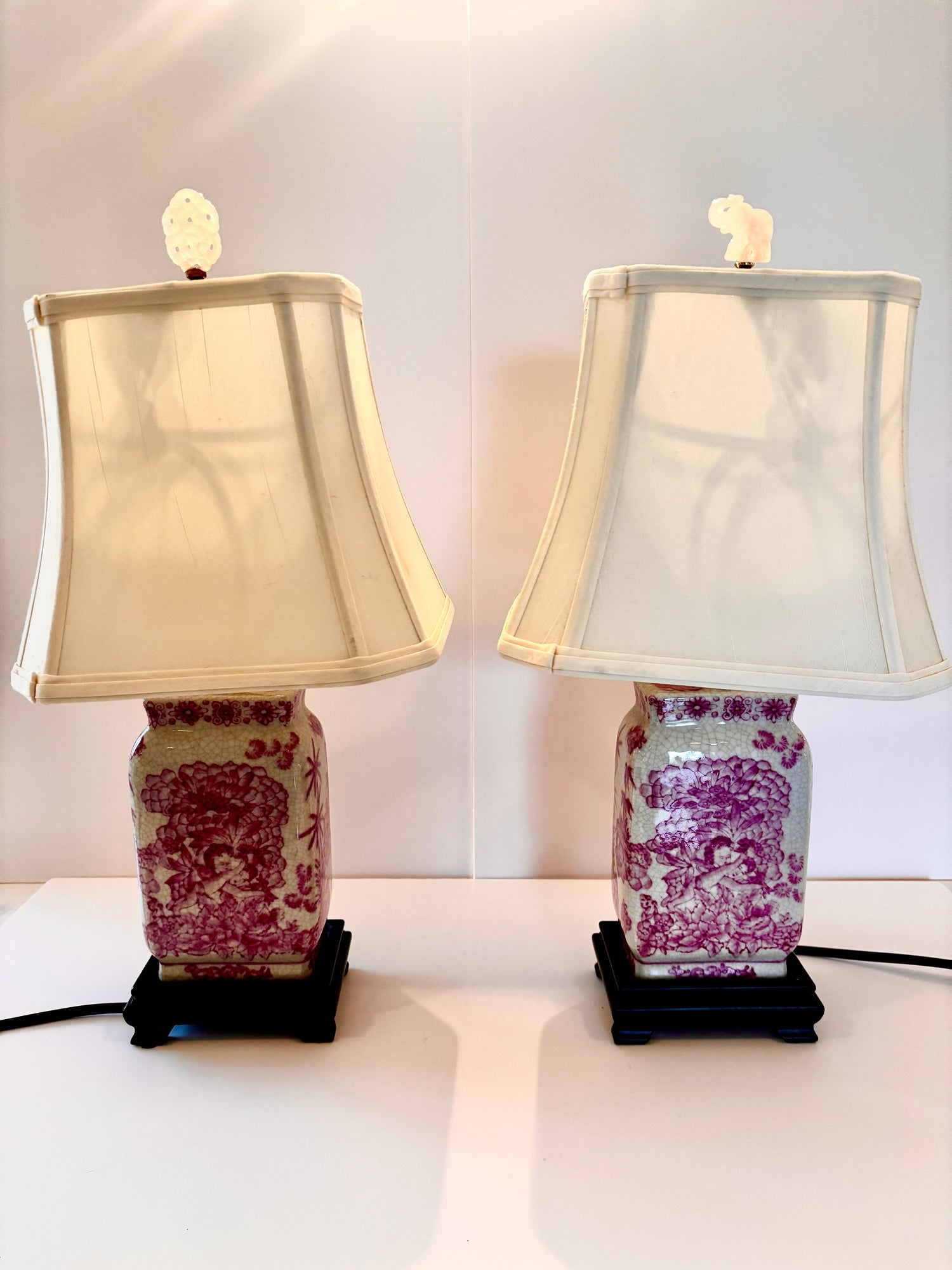 Pair of Vintage Pink and White Ceramic Lamps with White Shades.