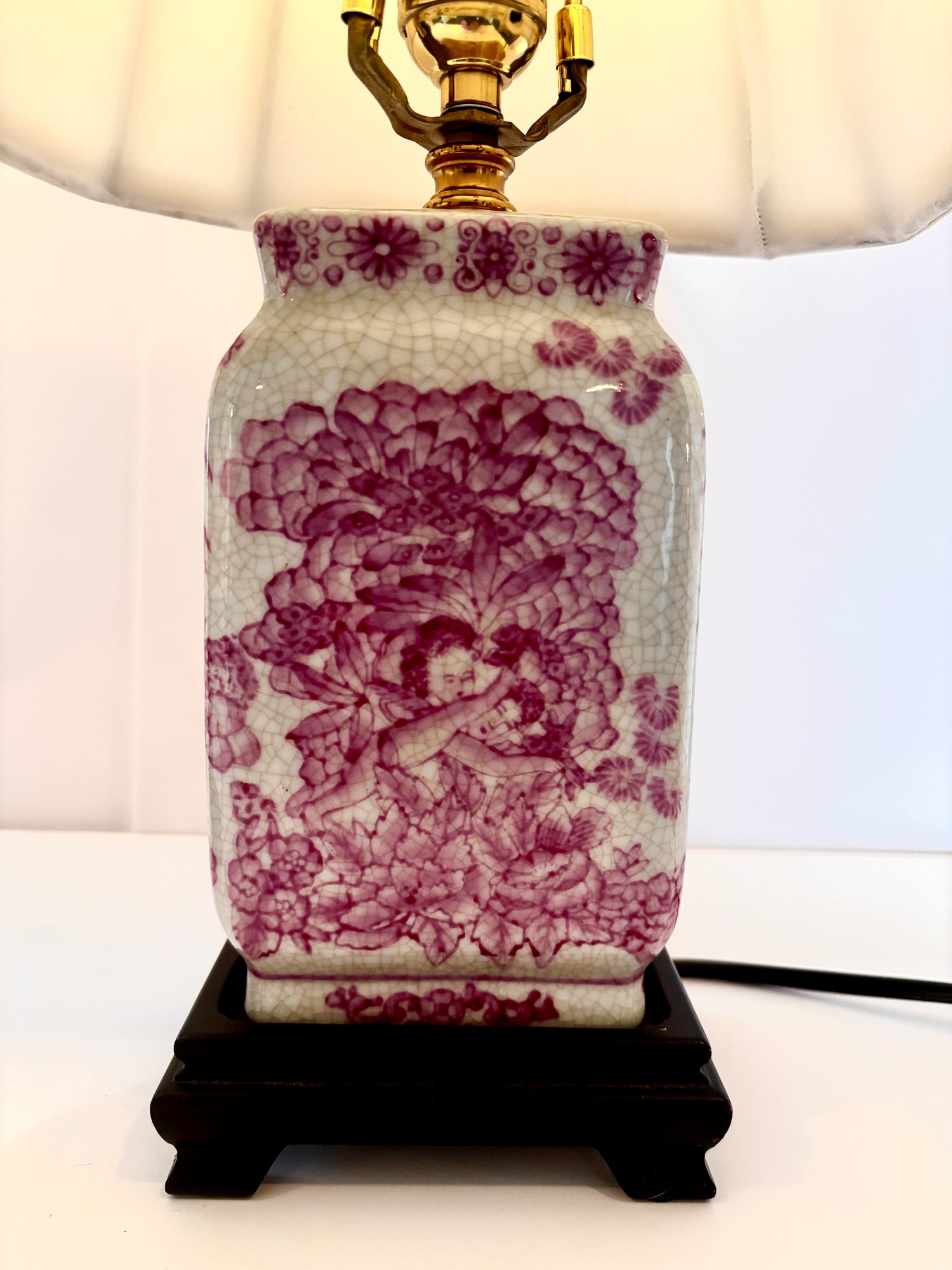 Pair of Vintage Pink and White Ceramic Lamps with White Shades.