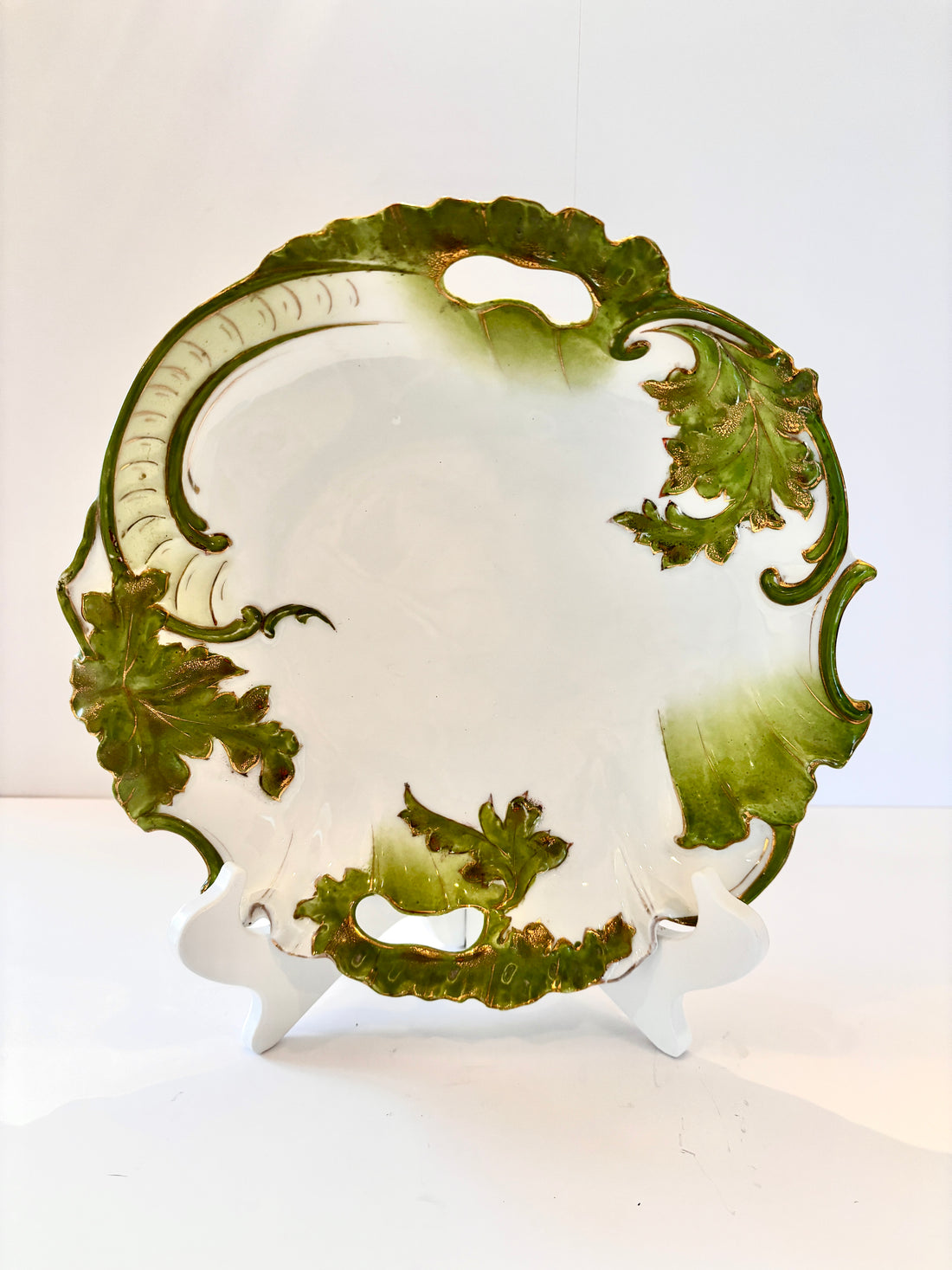 Porcelain Plate Green and Gold Painted Leaves