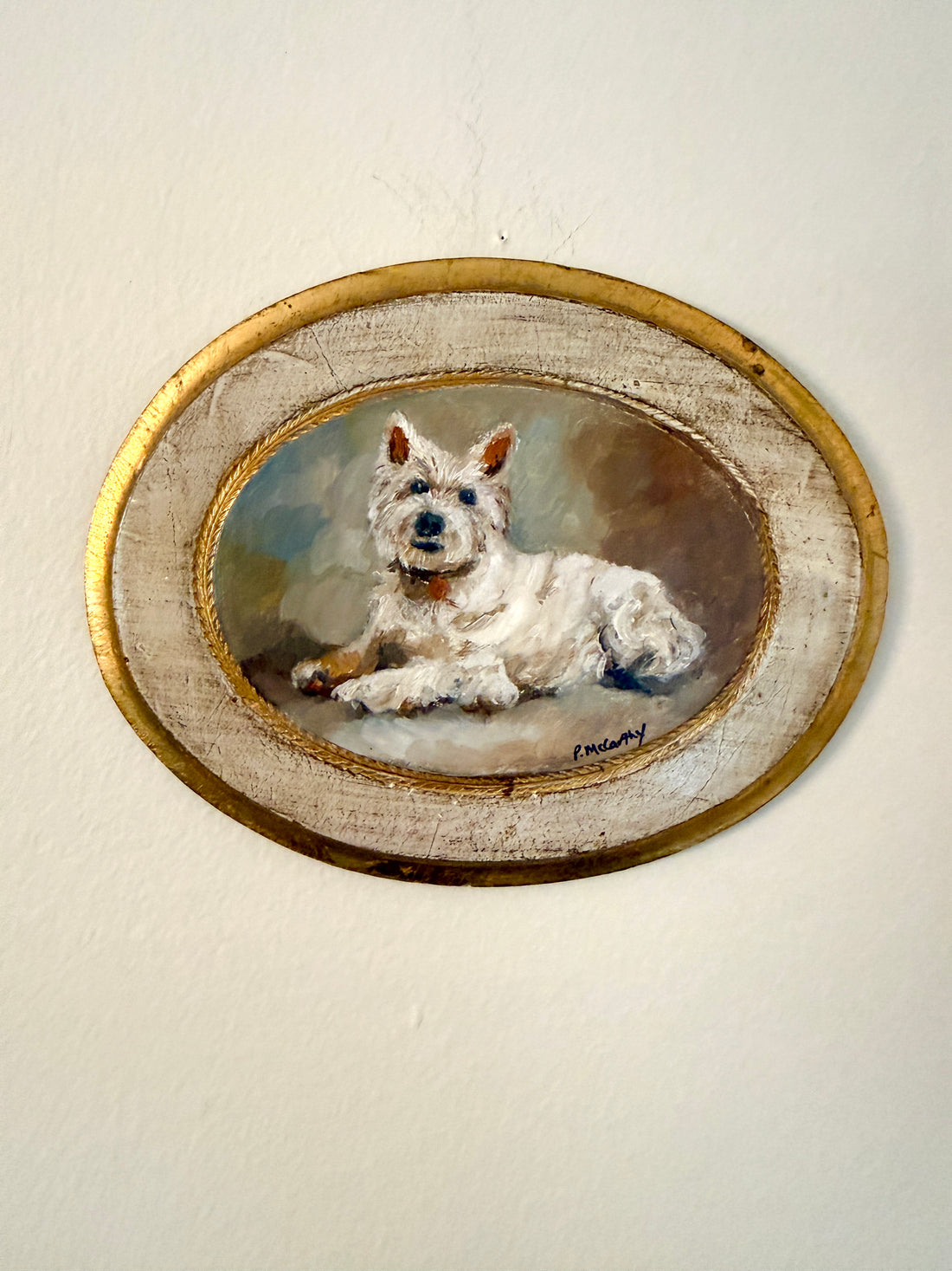 Westie oval painting, detail