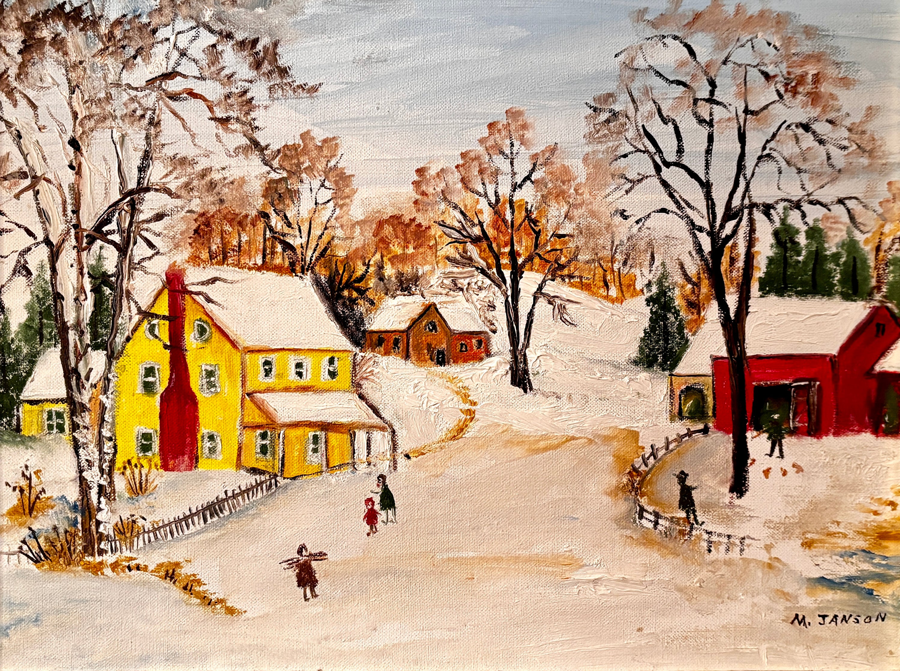 Mary Jansen 1970 winter scene oil painting with a yellow house and red barn in the snow, wood frame