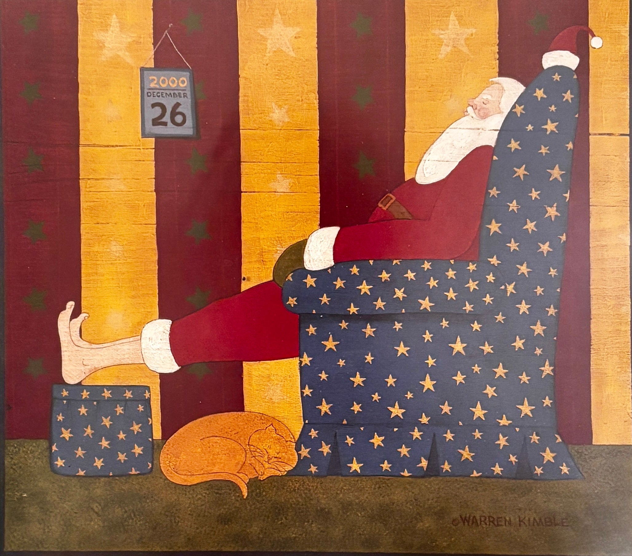 Warren Kimble print of Santa with his feet up in a star-patterned armchair, a ginger cat asleep nearby, in a vintage frame