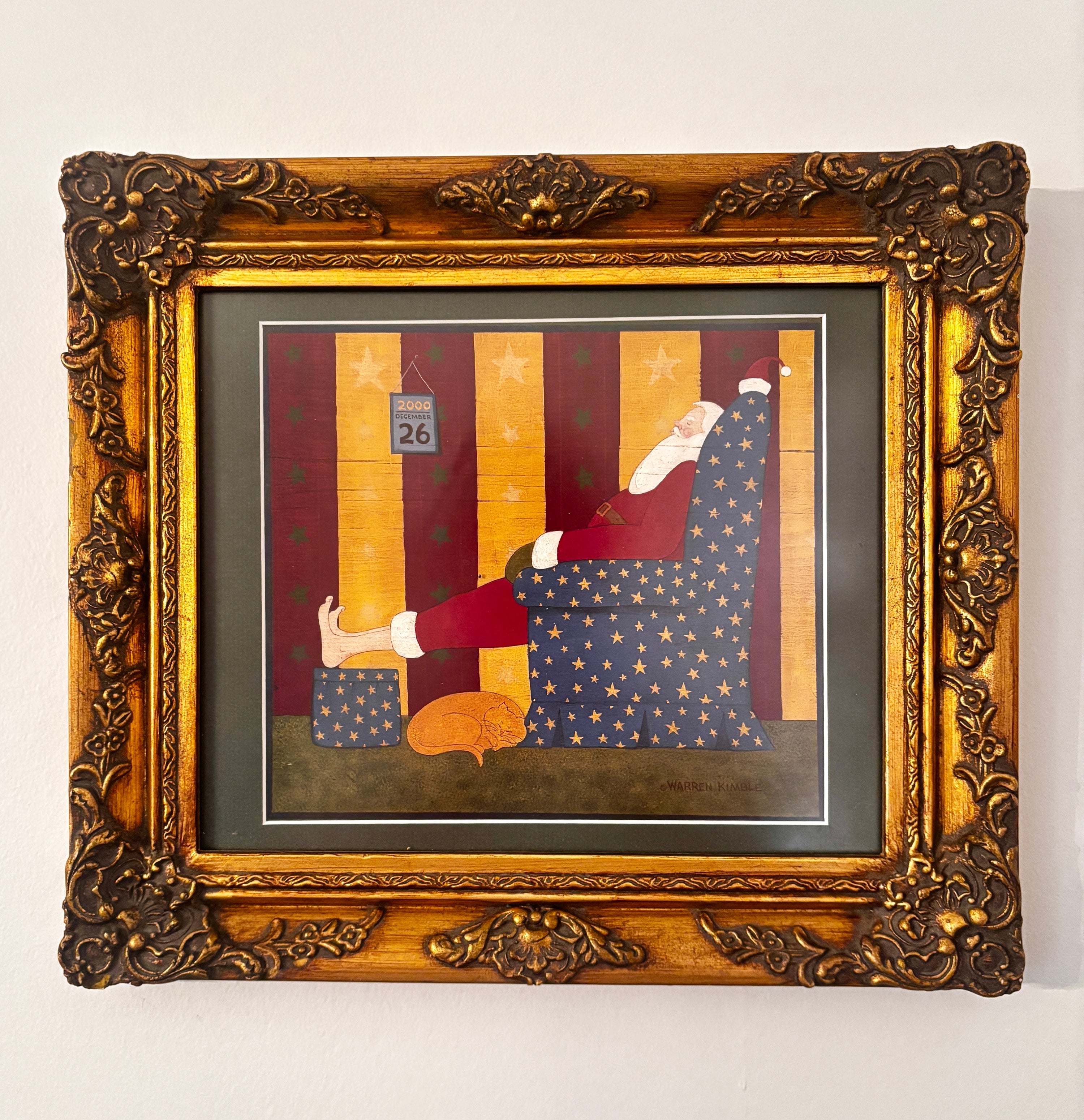 Warren Kimble Santa and ginger cat holiday print in a vintage wood frame