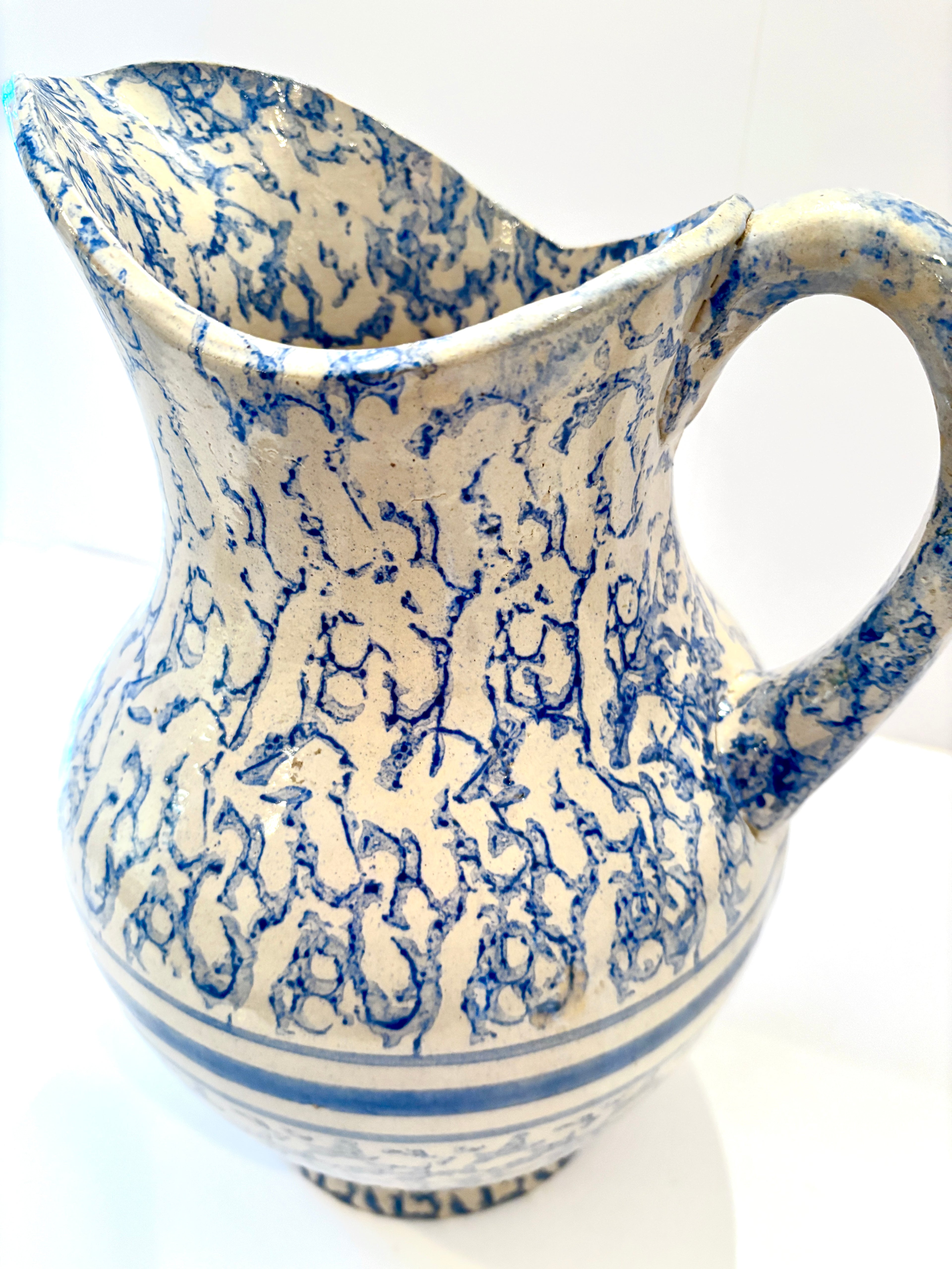 Large Blue Spongeware Pitcher with Stripe