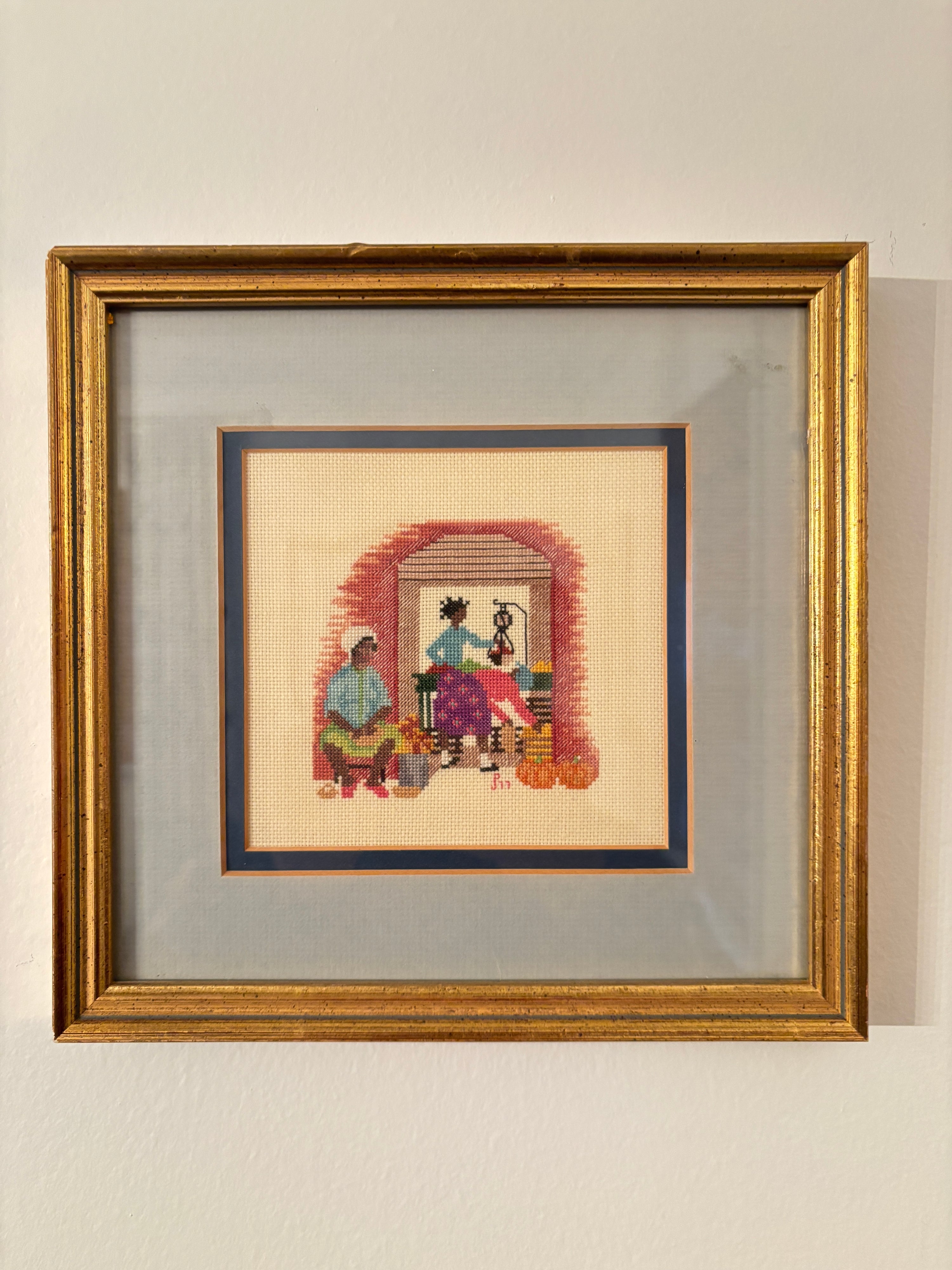 Vintage needlepoint, ladies and pumpkins, stitch detail