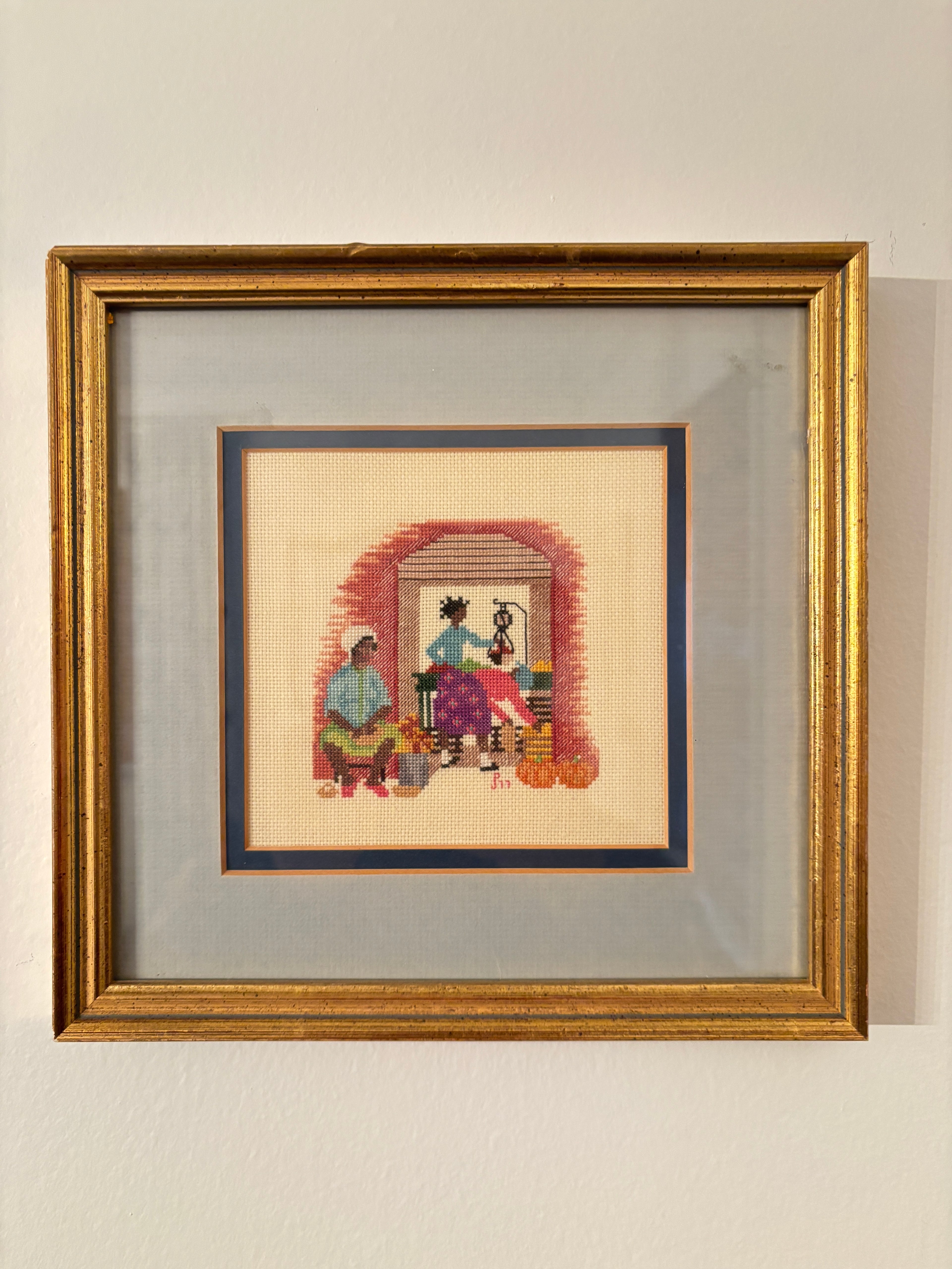 Vintage Needlepoint Domestic Scene with Ladies and Pumpkins