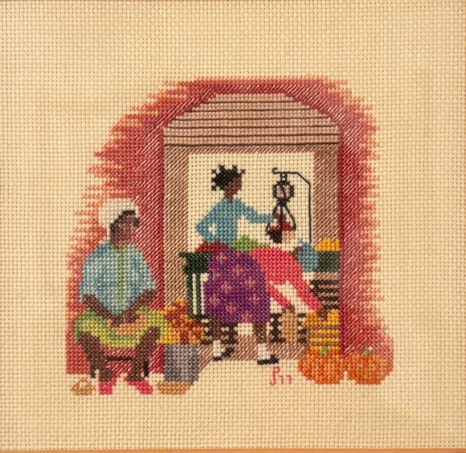 Vintage Needlepoint Domestic Scene with Ladies and Pumpkins