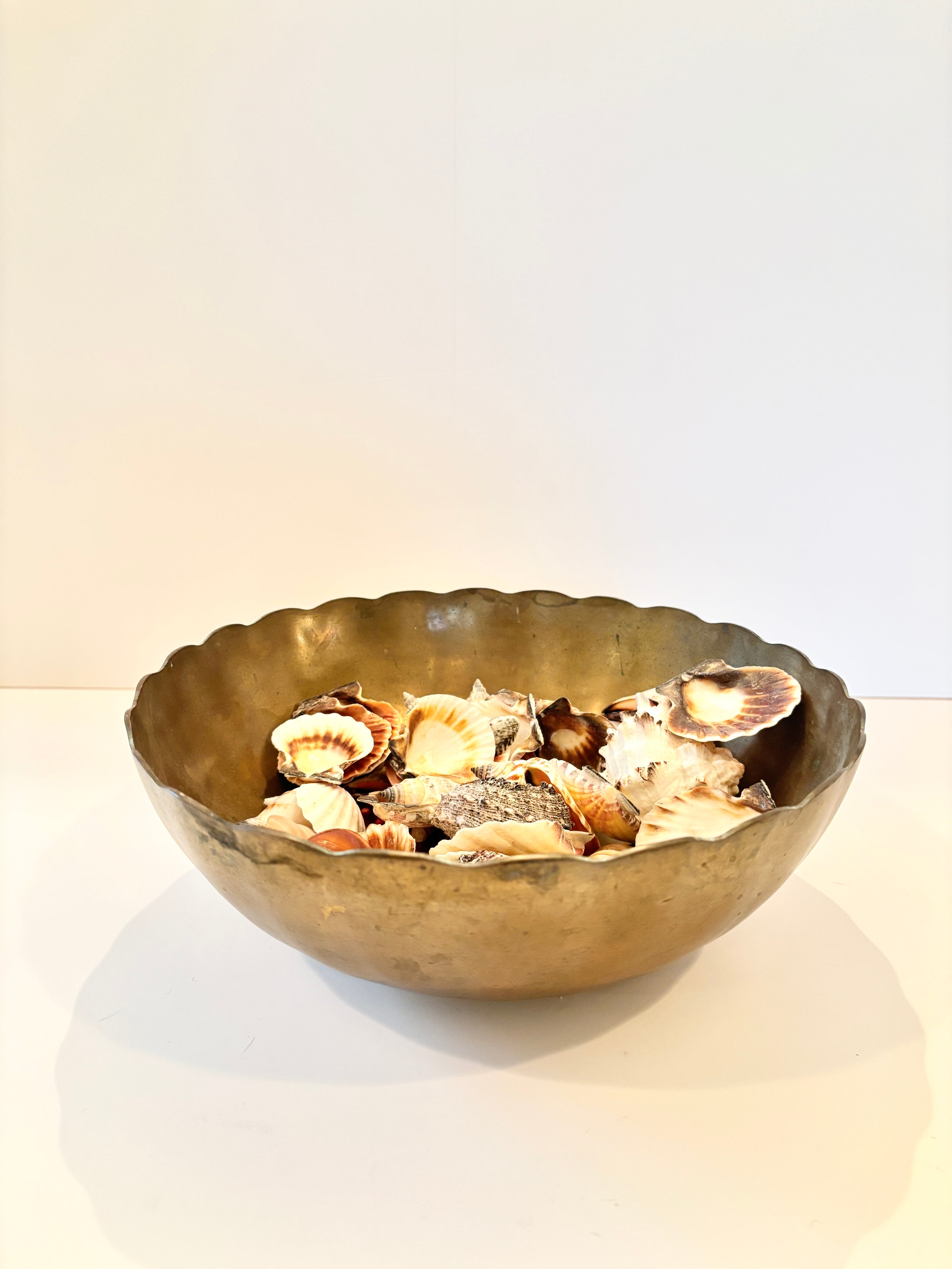 Vintage brass bowl with a scalloped edge, 9.5 inches