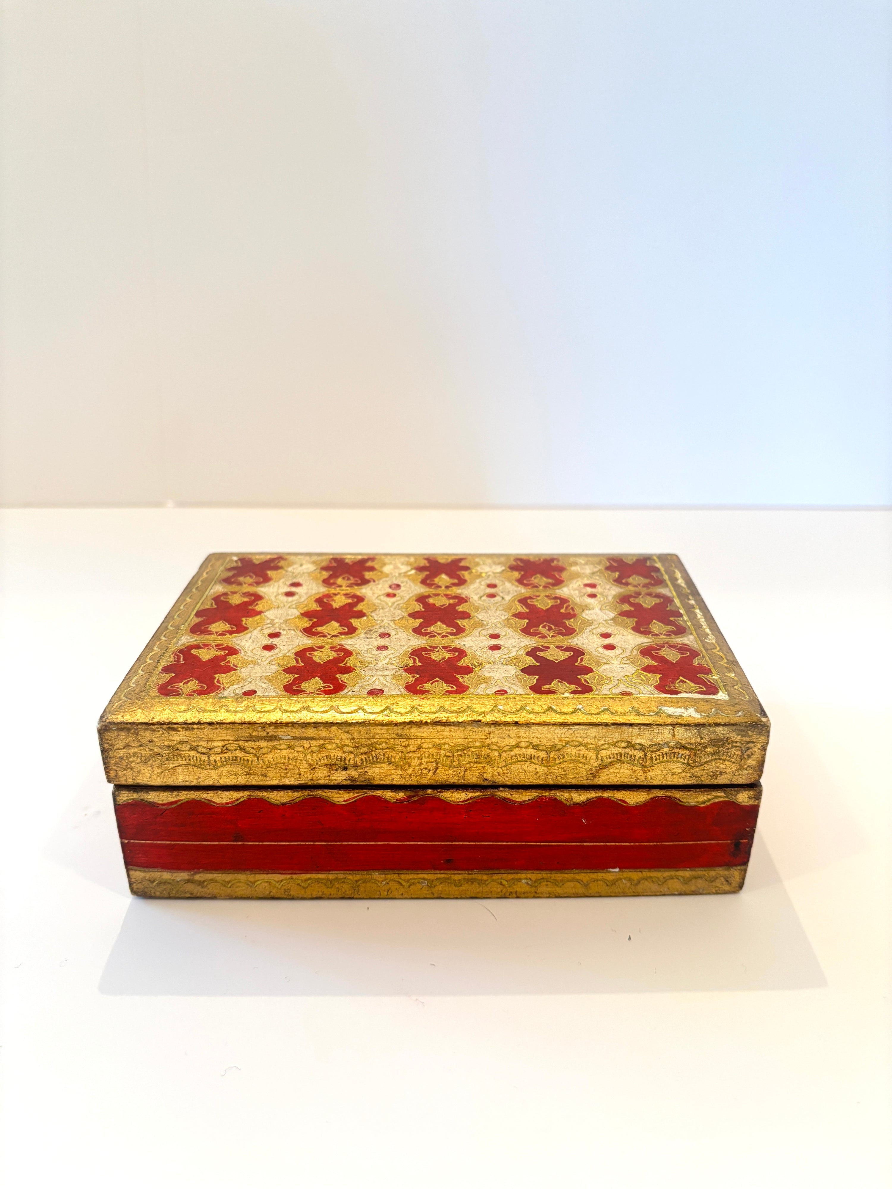 Vintage Florentine wooden box hand-painted in red, gold, and cream