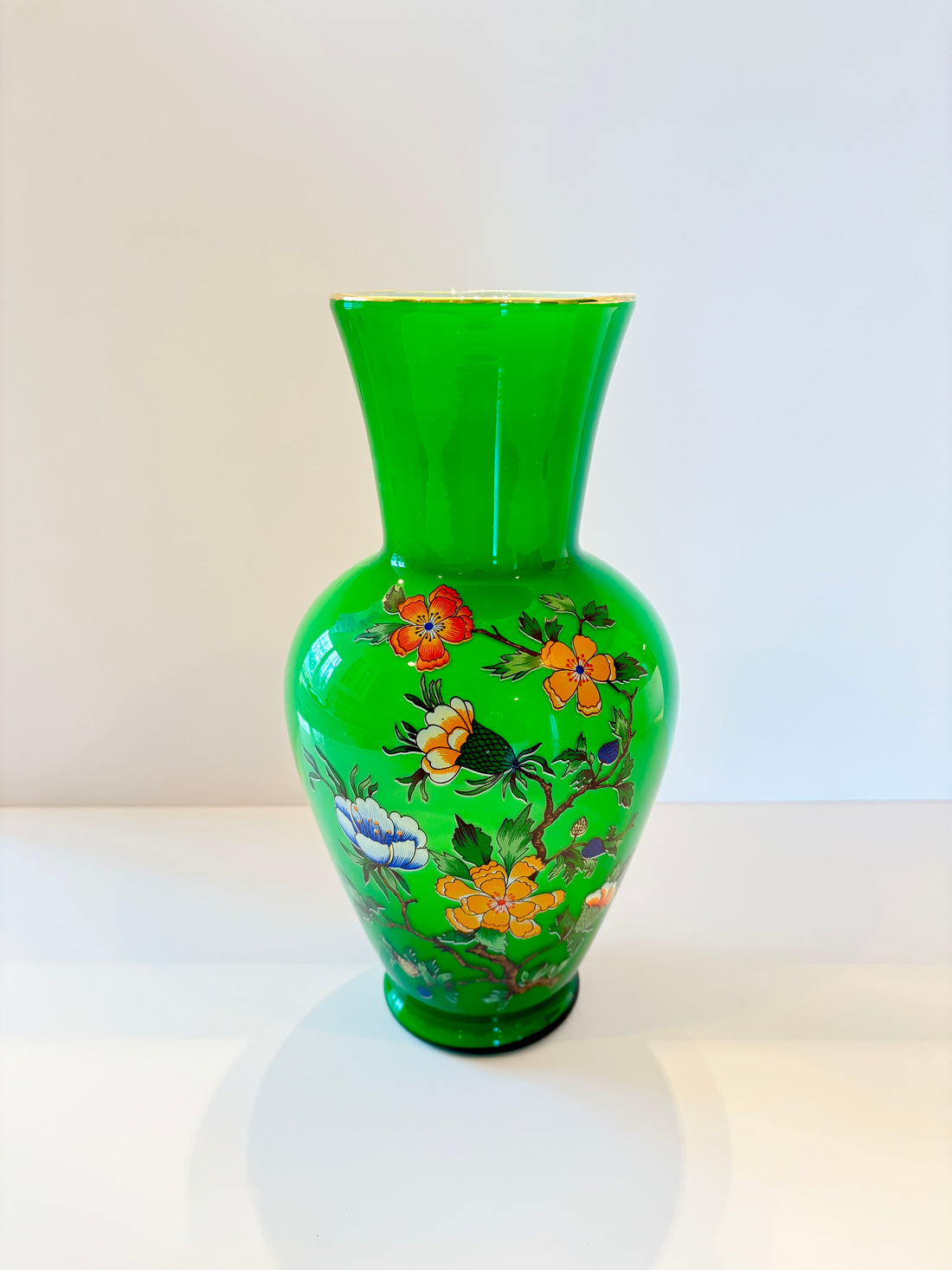 Vintage Green Floral Motif Vase. Florentine, Made in Italy