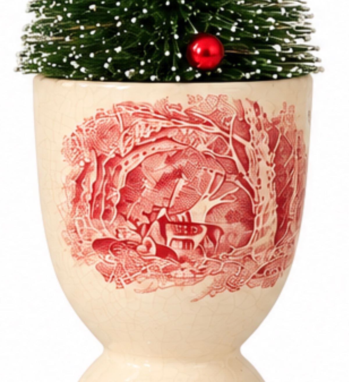 Vintage Ceramic Egg Cups – Floral, Red Transferware &amp; Green Stripe Set of 3 (Miniature trees not included)