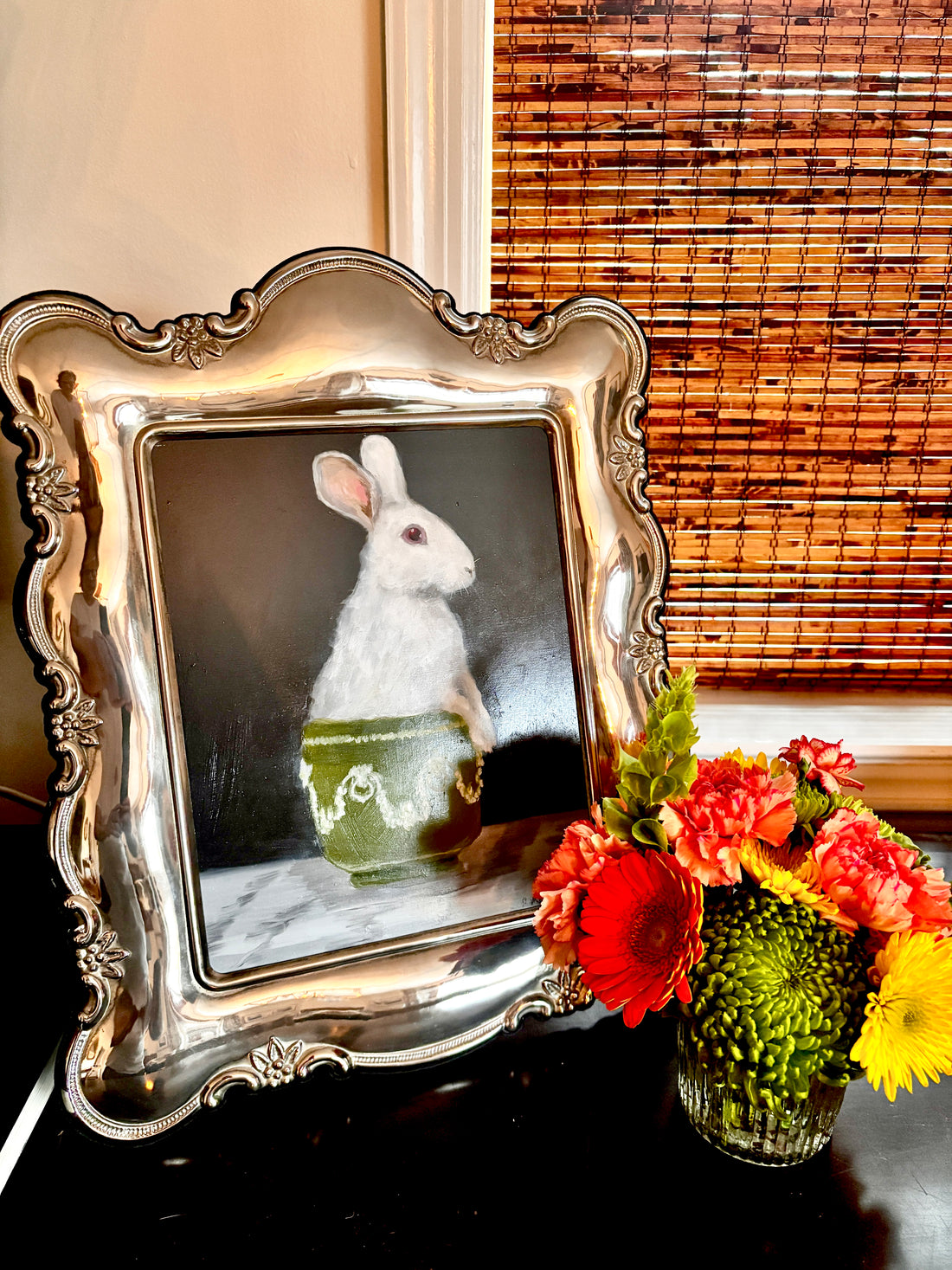 Bunny in Wedgewood Bowl Oil Painting with Silver-plated Vintage Frame