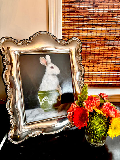 Bunny in Wedgewood Bowl Oil Painting with Silver-plated Vintage Frame