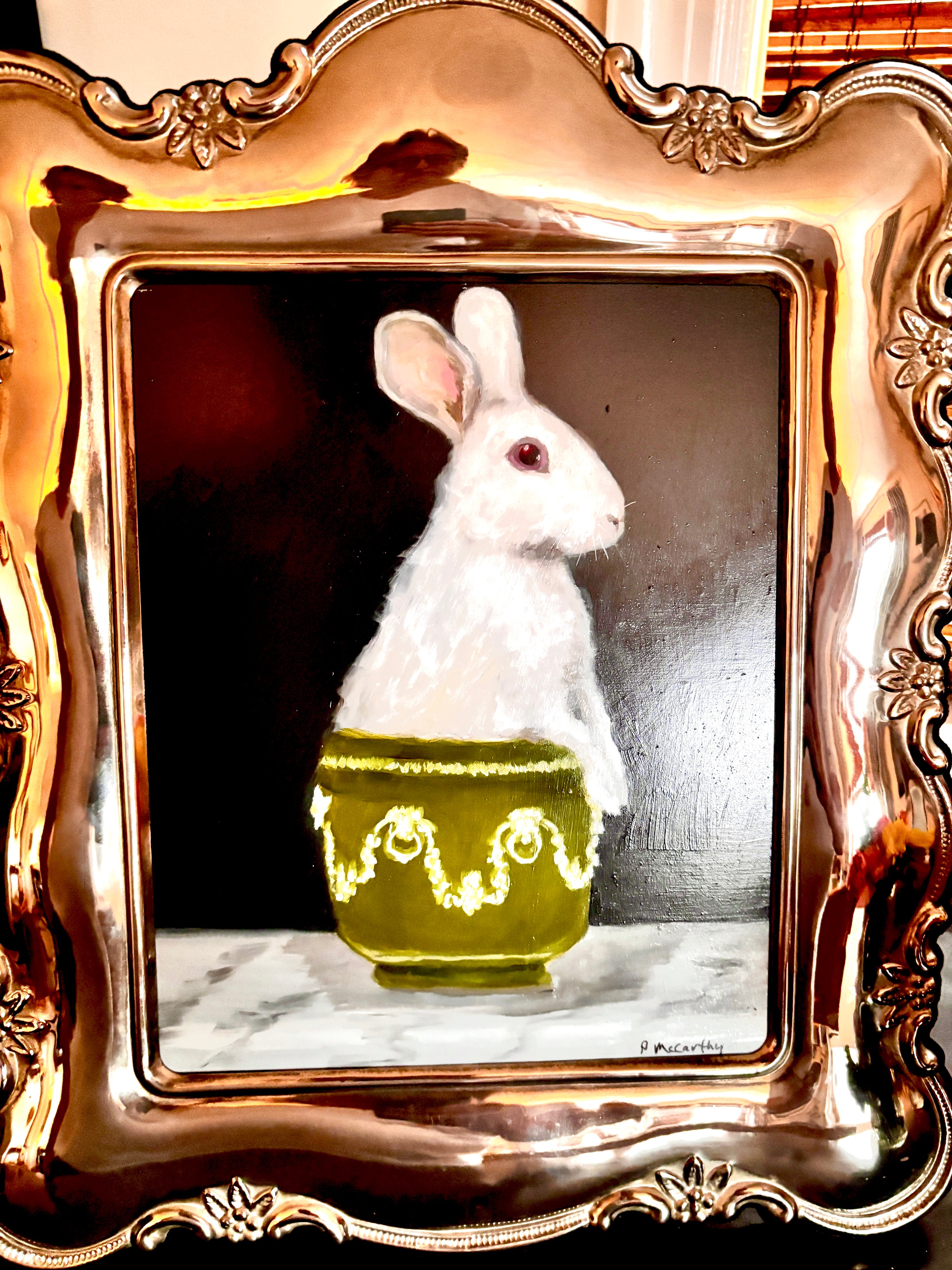 Bunny in Wedgwood bowl oil painting, silver-plate frame, full view