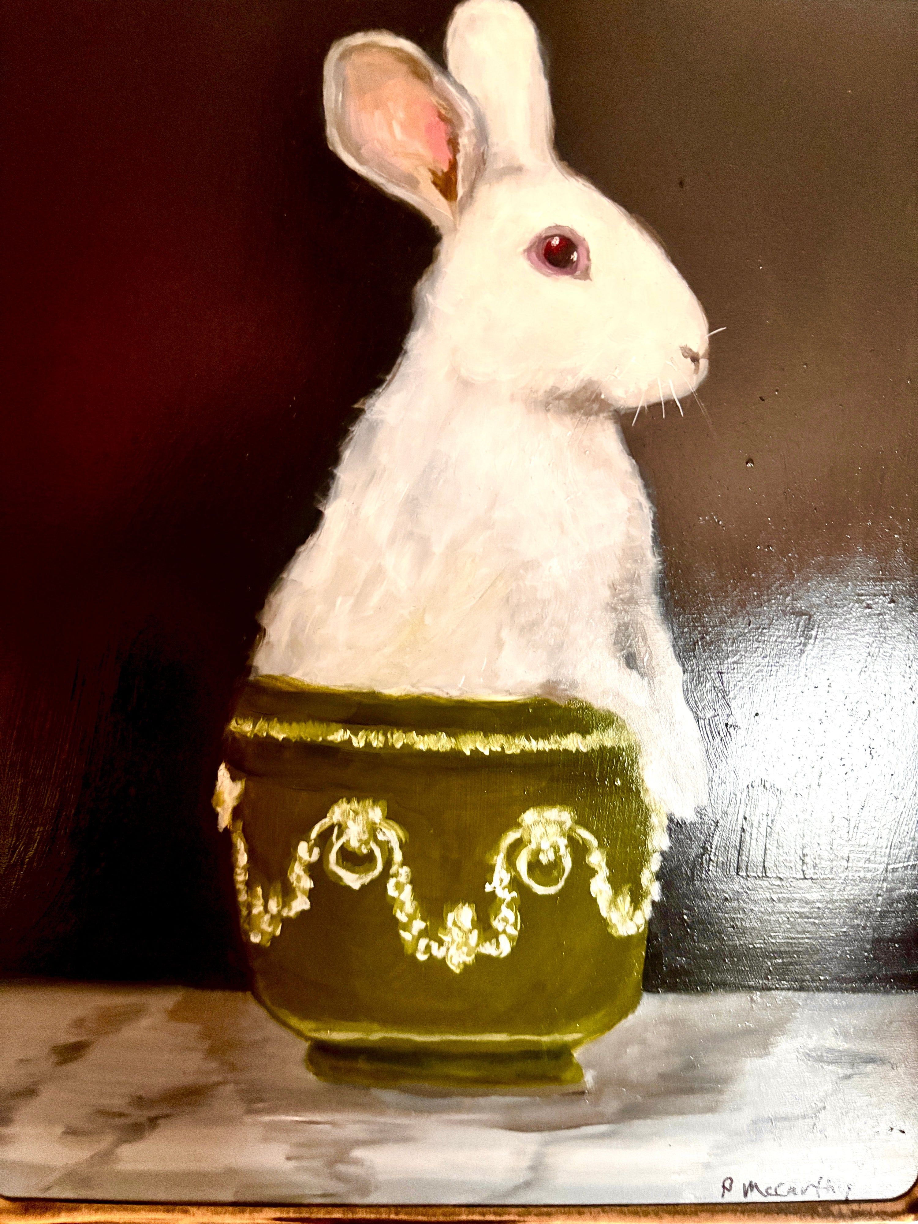 Oil painting of a rabbit in a blue-and-white Wedgwood bowl in a silver-plate frame