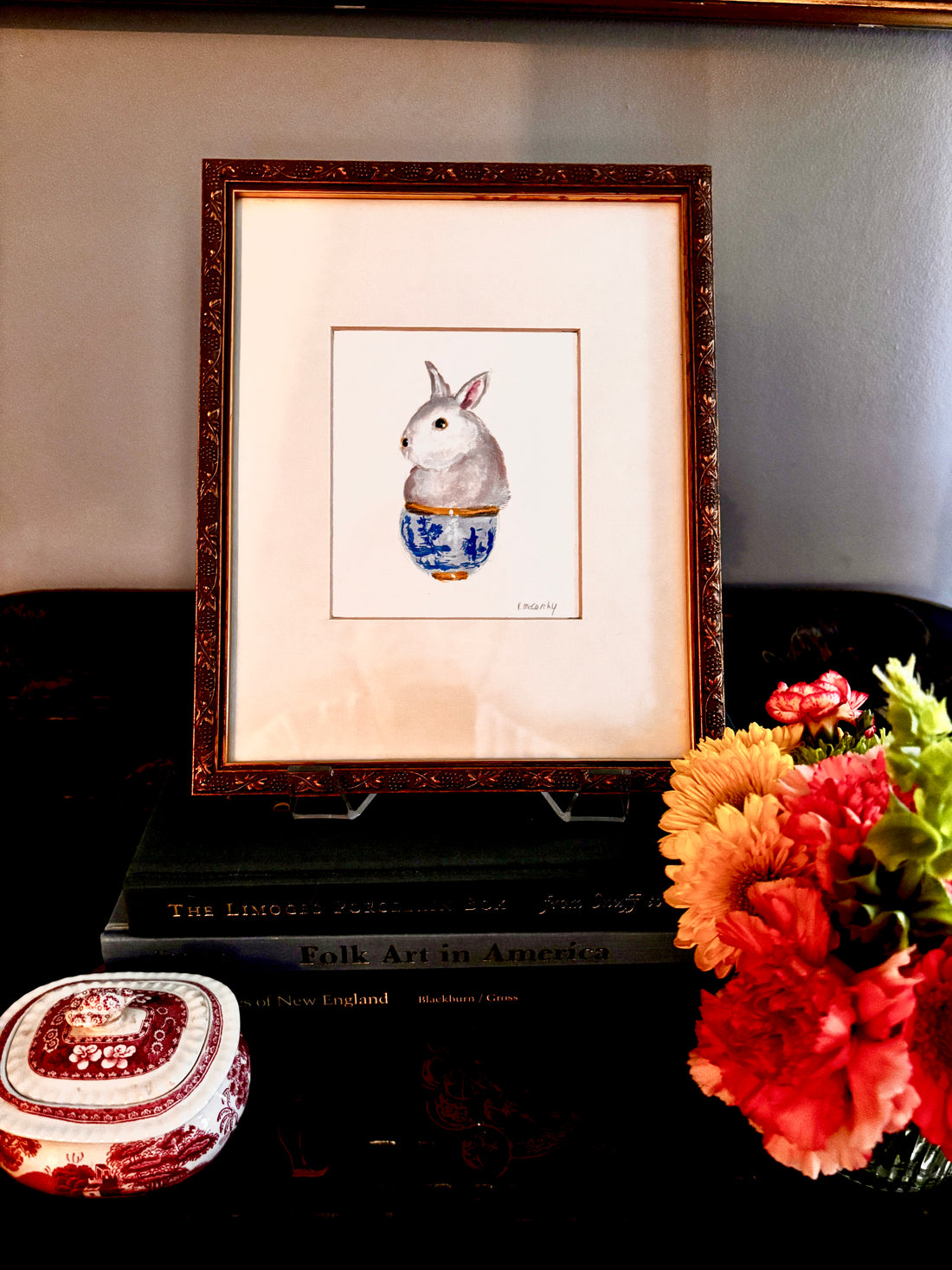 Vintage Bunny in Chinoiserie Cup Watercolor Painting