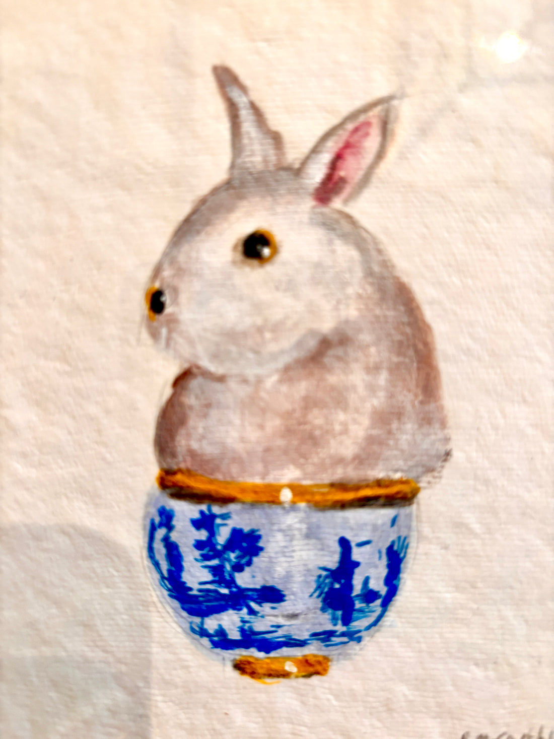 Vintage Bunny in Chinoiserie Cup Watercolor Painting