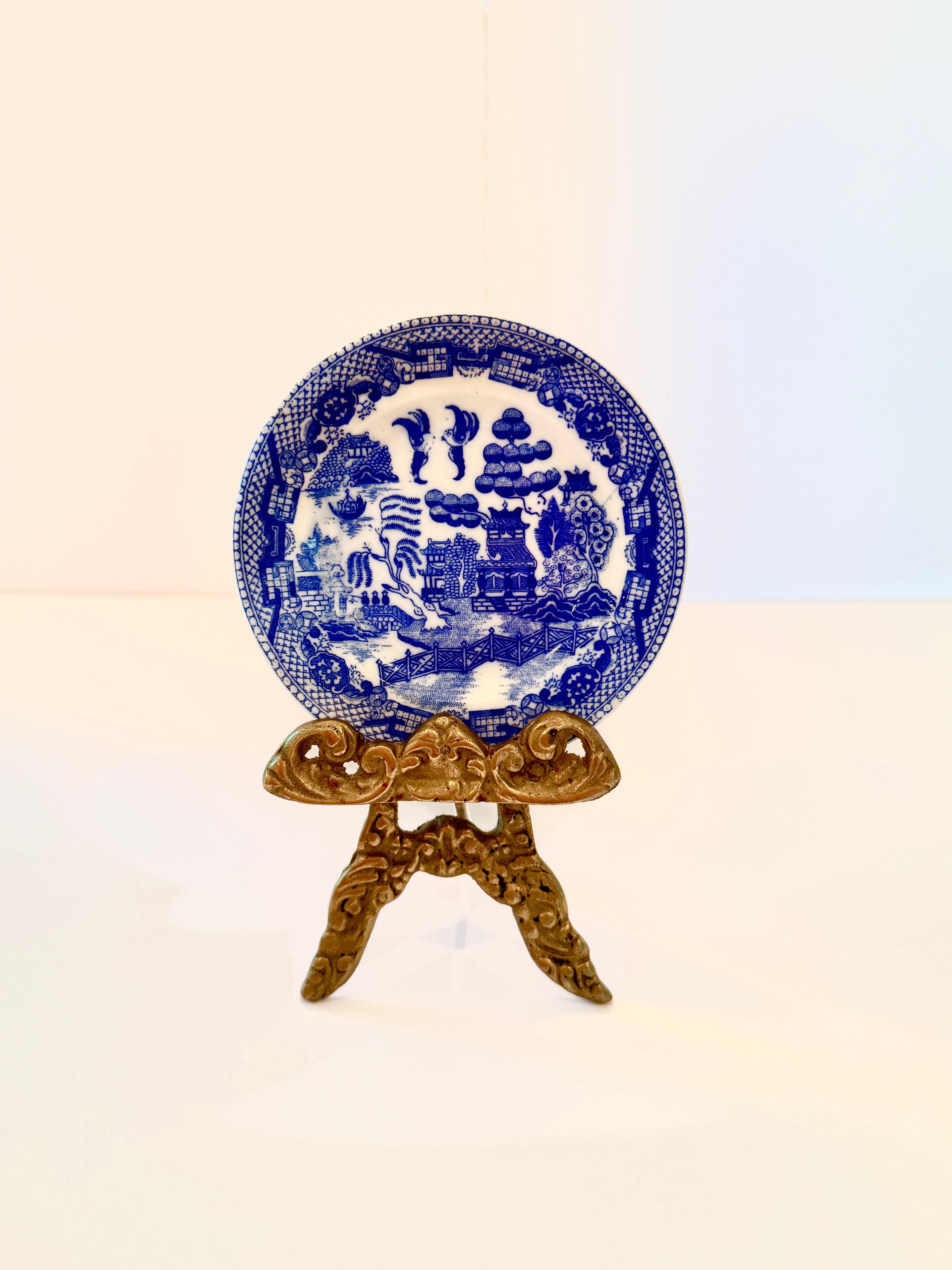 Blue Willow Miniature Plate with Ornate Brass Stand