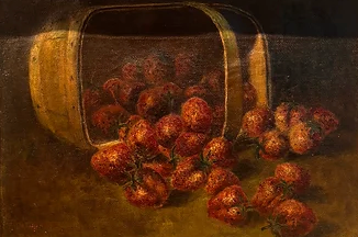 Vintage Still Life w/ Strawberries. Oil on Board