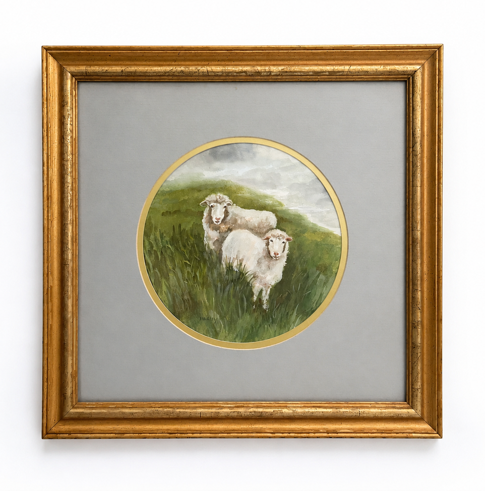 Vintage Two Sheep Watercolor, Patti McCarthy, Round Gilt Mat