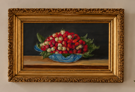 Pat McCarthy, Strawberries in Blue &amp; White. Oil on canvas