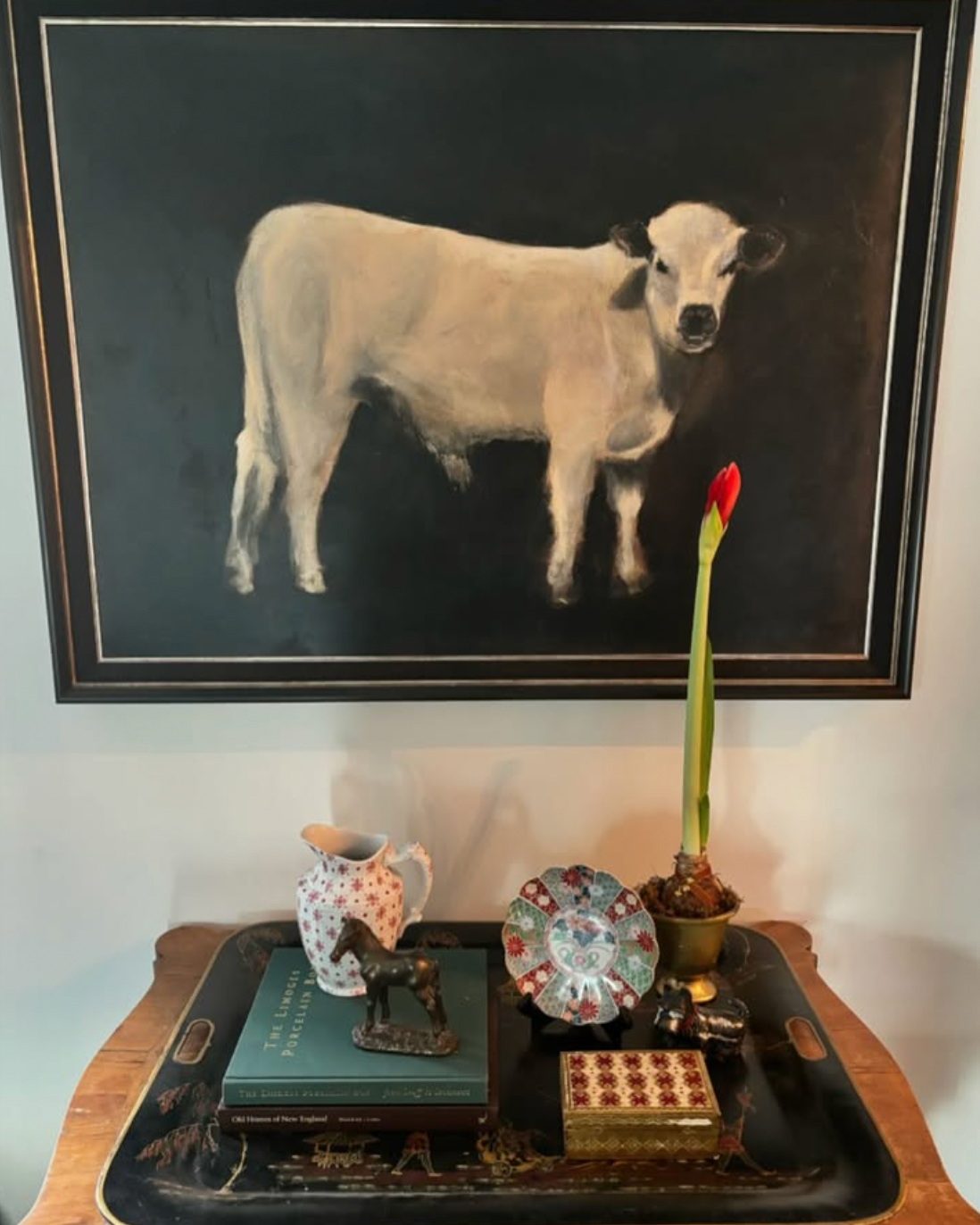 Painting of Mango the cow with vintage furnishings