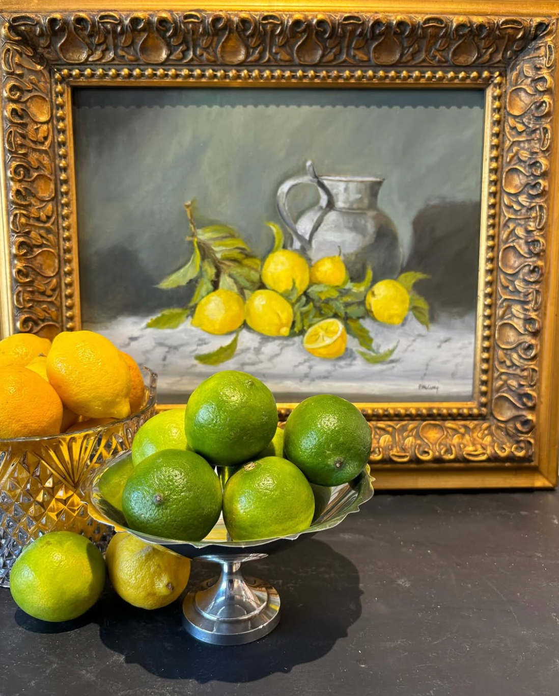 A still life painting with lemons