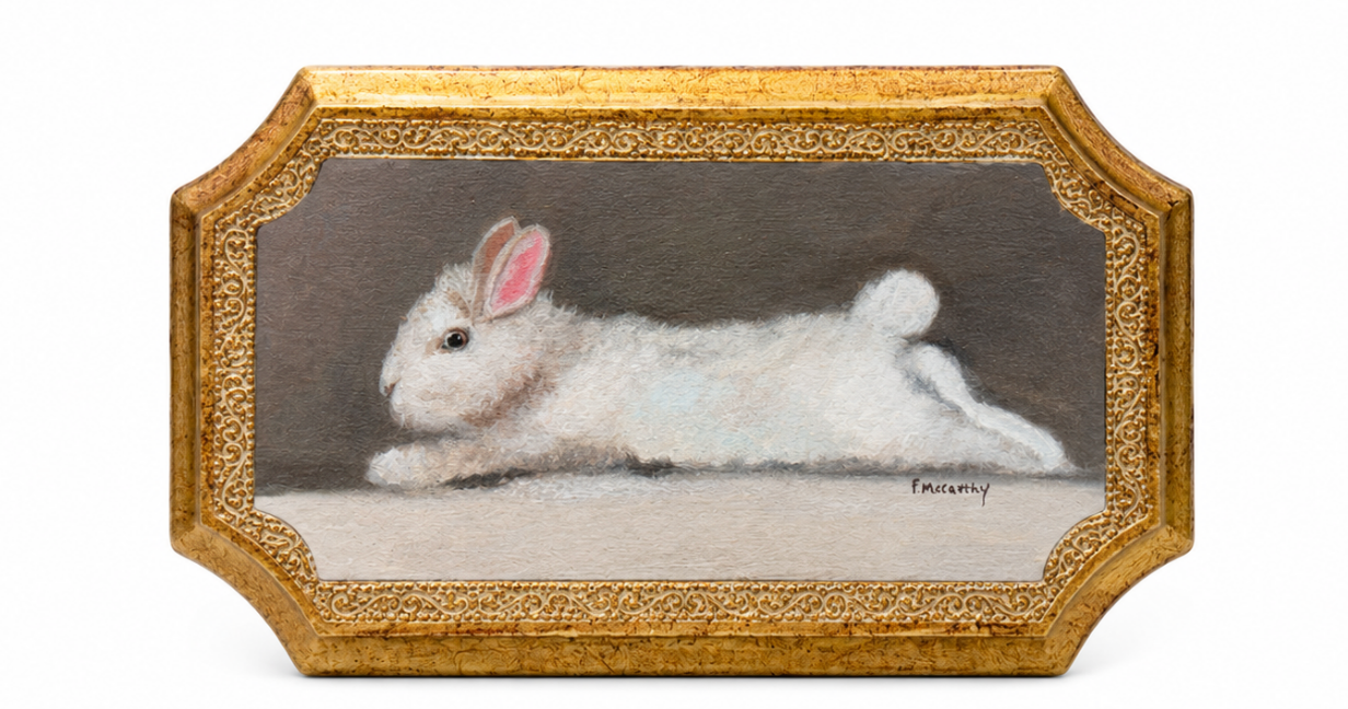 Pat McCarthy Reclining White Rabbit — Original Oil on Florentine Gilt Plaque