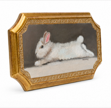 Pat McCarthy Reclining White Rabbit — Original Oil on Florentine Gilt Plaque