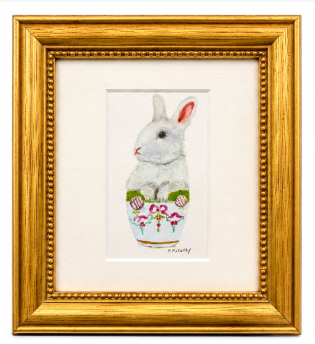 Pat McCarthy Bunny in Ribbon &amp; Rose Cachepot, Original Watercolor, Gold Beaded Frame