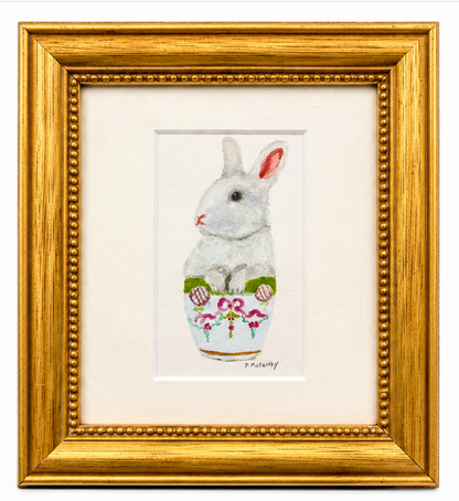 Pat McCarthy Bunny in Ribbon &amp; Rose Cachepot, Original Watercolor, Gold Beaded Frame