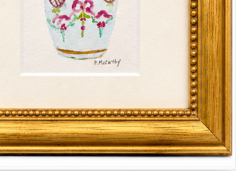 Pat McCarthy Bunny in Ribbon &amp; Rose Cachepot, Original Watercolor, Gold Beaded Frame