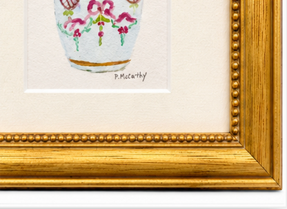 Pat McCarthy Bunny in Ribbon &amp; Rose Cachepot, Original Watercolor, Gold Beaded Frame