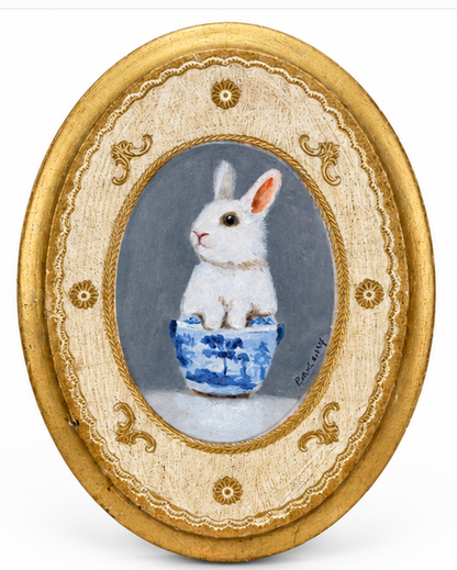 Pat McCarthy Bunny in Blue Willow Bowl — Original Oil on Florentine Gilt Plaque