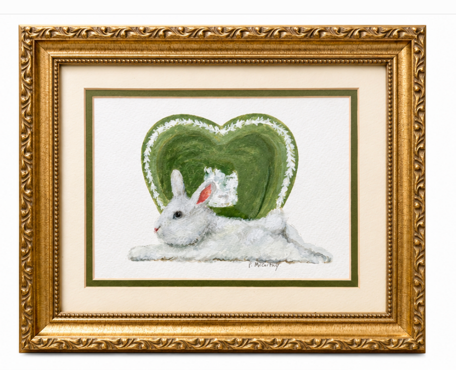 Pat McCarthy Resting Bunny with Green Majolica Heart — Original Painting, Ornate Gold Frame