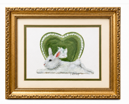Pat McCarthy Resting Bunny with Green Majolica Heart — Original Painting, Ornate Gold Frame