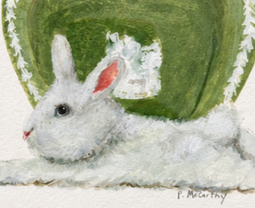 Pat McCarthy Resting Bunny with Green Majolica Heart — Original Painting, Ornate Gold Frame