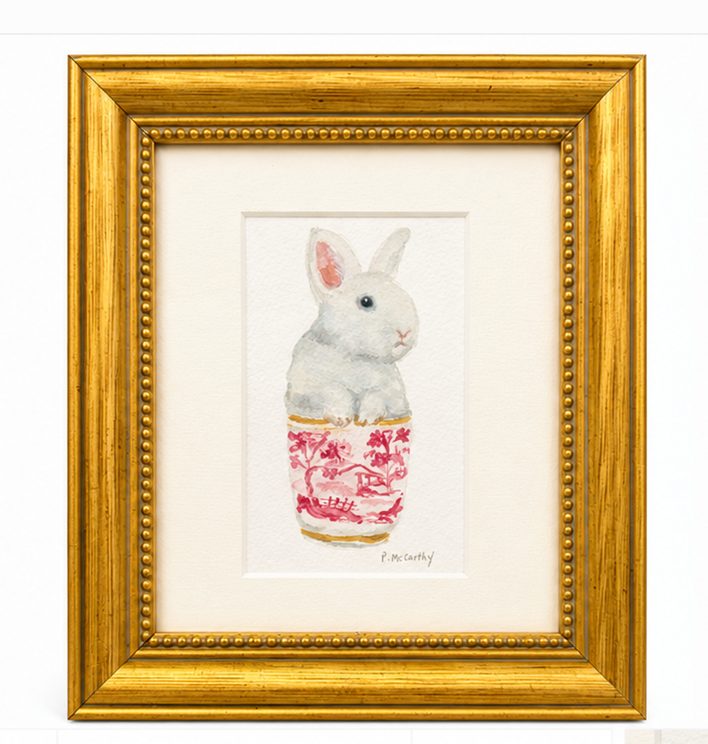 Pat McCarthy Bunny in Red Chinoiserie Beaker — Original Watercolor, Gold Beaded Frame
